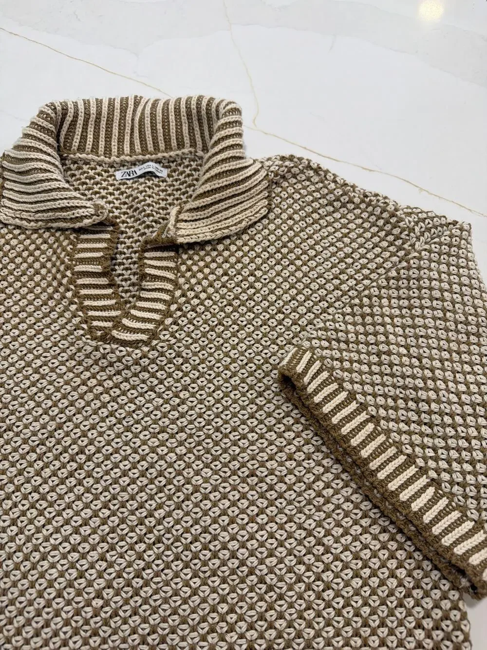Zara Men's L cream brown textured knit short-sleeve sweater Zara waffle-stitch
